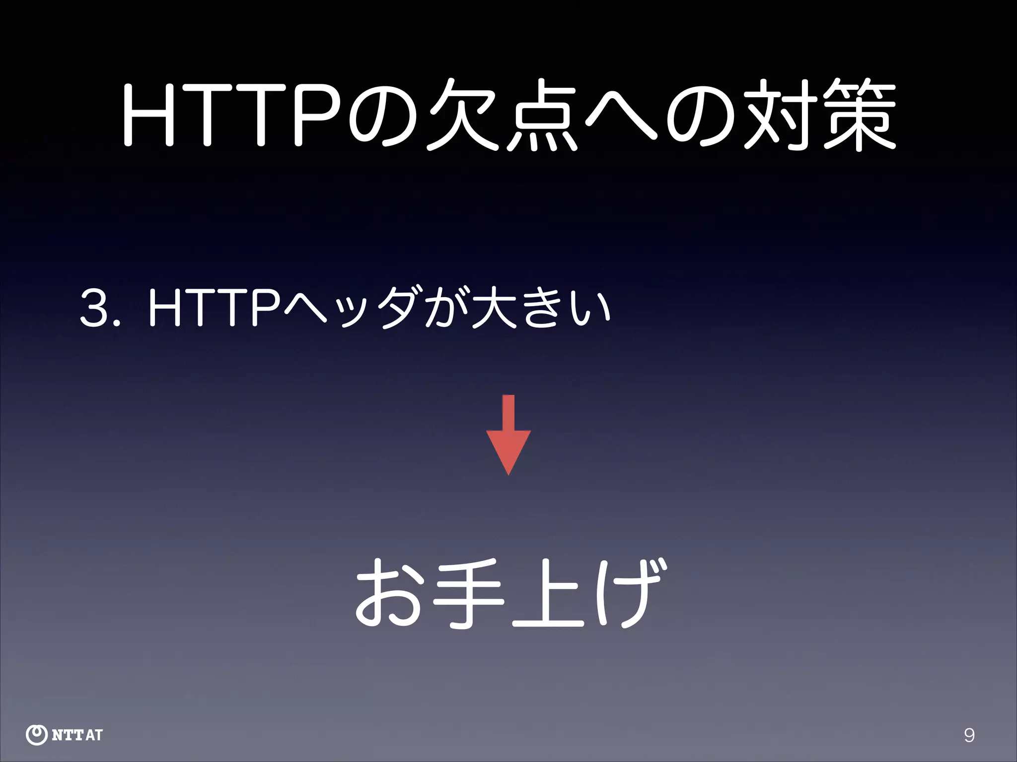 HTTPの欠点への対策
3. HTTPヘッダが大きい

お手上げ
9

 