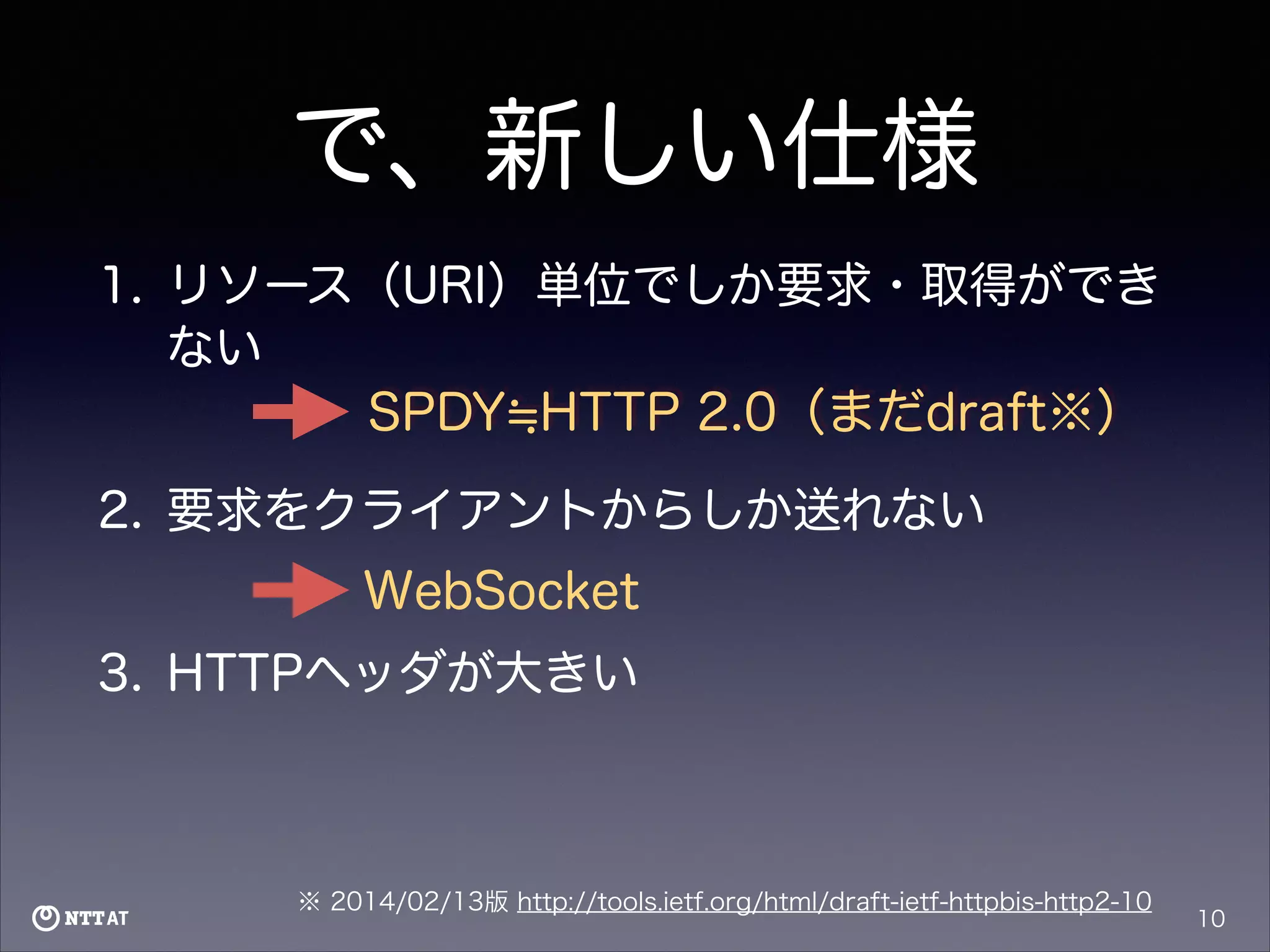 で、新しい仕様
1. リソース（URI）単位でしか要求・取得ができ
ない
SPDY HTTP 2.0（まだdraft※）
2. 要求をクライアントからしか送れない

WebSocket
3. HTTPヘッダが大きい

※ 2014/02/13版 http://tools.ietf.org/html/draft-ietf-httpbis-http2-10

10

 