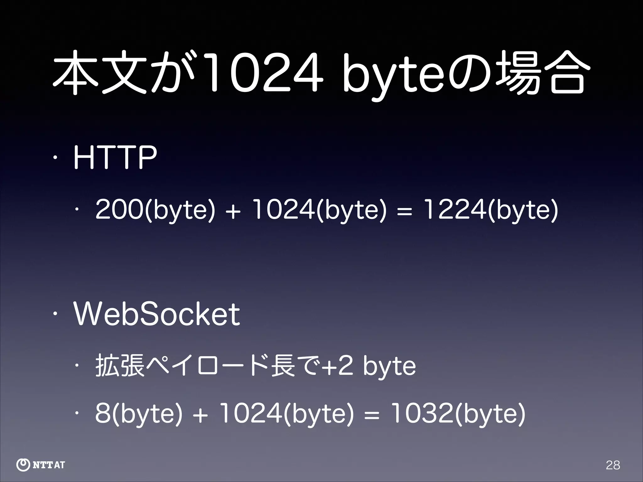 本文が1024 byteの場合
•

HTTP
•

200(byte) + 1024(byte) = 1224(byte)

!

•

WebSocket
•

拡張ペイロード長で+2 byte

•

8(byte) + 1024(byte) = 1032(byte)
28

 