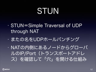 STUN
•

STUN＝Simple Traversal of UDP
through NAT

•

またの名をUDPホールパンチング

•

NATの内側にあるノードからグローバ
ルのIP/Port（トランスポートアドレ
ス）を確認して「穴」を開ける仕組み
52

 