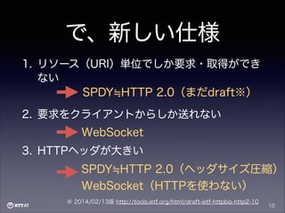 で、新しい仕様
1. リソース（URI）単位でしか要求・取得ができ
ない
SPDY HTTP 2.0（まだdraft※）
2. 要求をクライアントからしか送れない

WebSocket
3. HTTPヘッダが大きい

SPDY HTTP 2.0（ヘッダサイズ圧縮）
WebSocket（HTTPを使わない）
※ 2014/02/13版 http://tools.ietf.org/html/draft-ietf-httpbis-http2-10

10

 