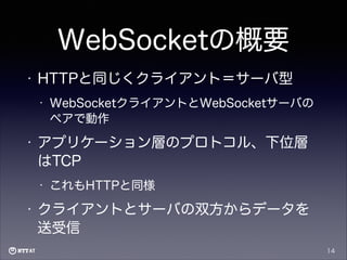 WebSocketの概要
•

HTTPと同じくクライアント＝サーバ型
•

•

アプリケーション層のプロトコル、下位層
はTCP
•

•

WebSocketクライアントとWebSocketサーバの
ペアで動作

これもHTTPと同様

クライアントとサーバの双方からデータを
送受信
14

 