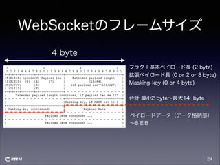 WebSocketのフレームサイズ
4 byte
フラグ＋基本ペイロード長 (2 byte)
拡張ペイロード長 (0 or 2 or 8 byte)
Masking-key (0 or 4 byte)
!
合計 最小2 byte∼最大14 byte
ペイロードデータ（データ格納部）
∼8 EiB

24

 