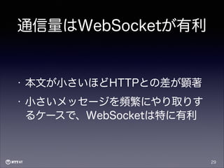 通信量はWebSocketが有利

•

本文が小さいほどHTTPとの差が顕著

•

小さいメッセージを頻繁にやり取りす
るケースで、WebSocketは特に有利

29

 