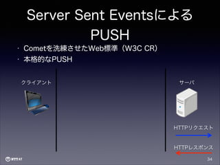 Server Sent Eventsによる
PUSH
•

Cometを洗練させたWeb標準（W3C CR）

•

本格的なPUSH
クライアント

サーバ

HTTPリクエスト

HTTPレスポンス
34

 