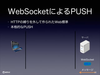 WebSocketによるPUSH
•

HTTPの縛りを外して作られたWeb標準

•

本格的なPUSH
サーバ

WebSocket

メッセージ
35

 