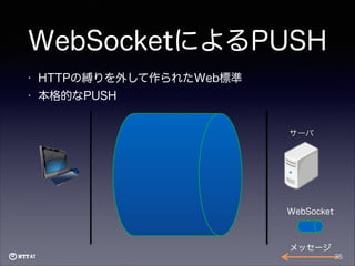 WebSocketによるPUSH
•

HTTPの縛りを外して作られたWeb標準

•

本格的なPUSH
サーバ

WebSocket

メッセージ
35

 