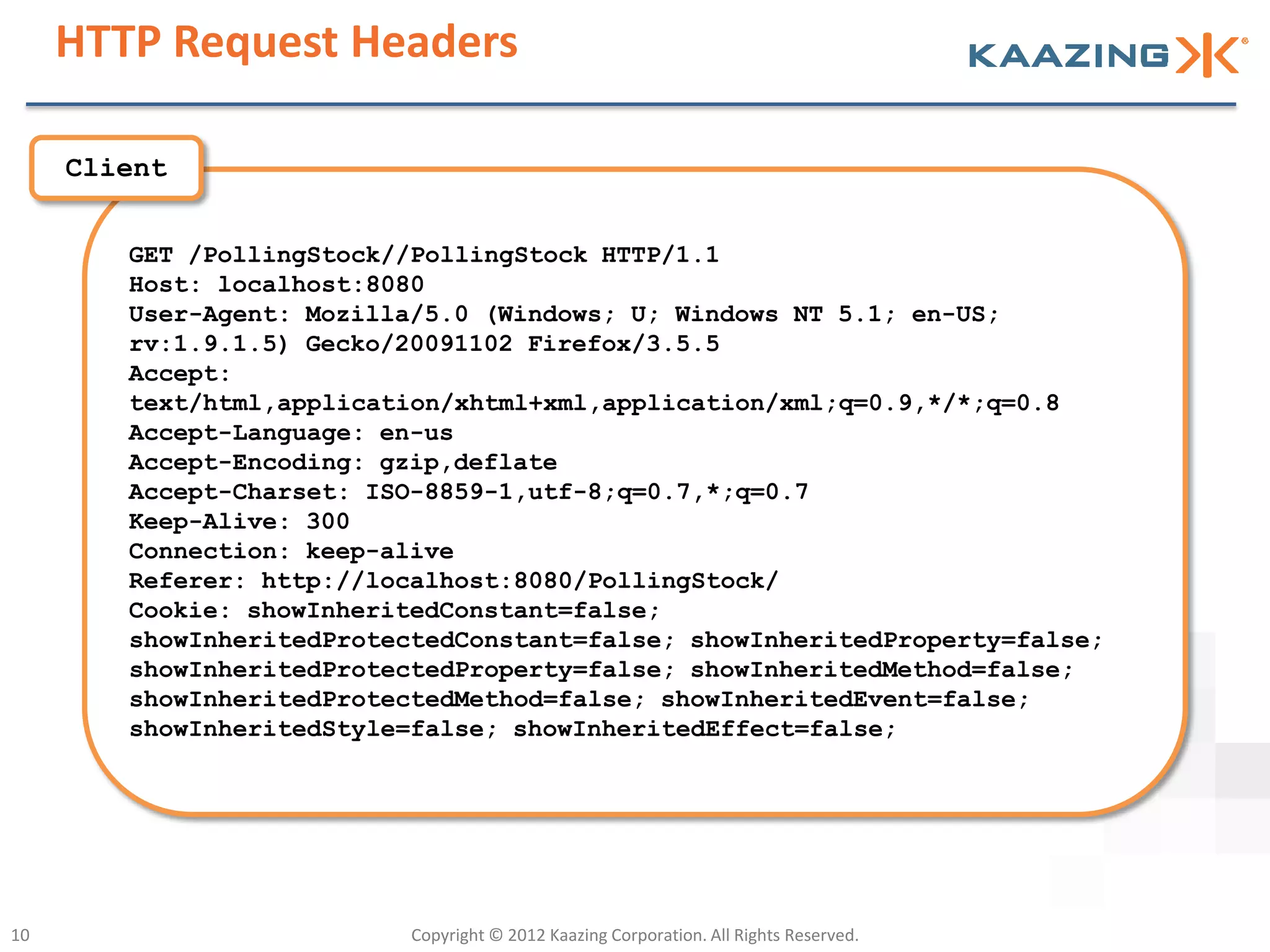 HTTP Request Headers

     Client


        GET /PollingStock//PollingStock HTTP/1.1
        Host: localhost:8080
        User-Agent: Mozilla/5.0 (Windows; U; Windows NT 5.1; en-US;
        rv:1.9.1.5) Gecko/20091102 Firefox/3.5.5
        Accept:
        text/html,application/xhtml+xml,application/xml;q=0.9,*/*;q=0.8
        Accept-Language: en-us
        Accept-Encoding: gzip,deflate
        Accept-Charset: ISO-8859-1,utf-8;q=0.7,*;q=0.7
        Keep-Alive: 300
        Connection: keep-alive
        Referer: http://localhost:8080/PollingStock/
        Cookie: showInheritedConstant=false;
        showInheritedProtectedConstant=false; showInheritedProperty=false;
        showInheritedProtectedProperty=false; showInheritedMethod=false;
        showInheritedProtectedMethod=false; showInheritedEvent=false;
        showInheritedStyle=false; showInheritedEffect=false;




10                         Copyright © 2012 Kaazing Corporation. All Rights Reserved.
 