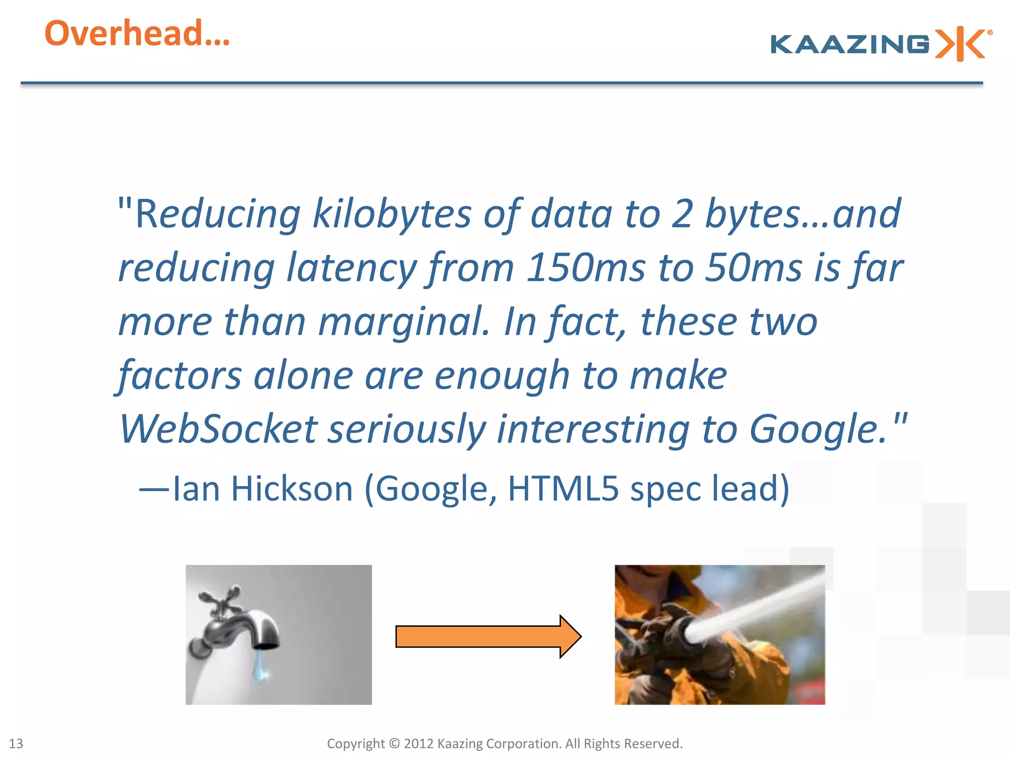 Overhead…



        "Reducing kilobytes of data to 2 bytes…and
        reducing latency from 150ms to 50ms is far
        more than marginal. In fact, these two
        factors alone are enough to make
        WebSocket seriously interesting to Google."
         —Ian Hickson (Google, HTML5 spec lead)




13                  Copyright © 2012 Kaazing Corporation. All Rights Reserved.
 