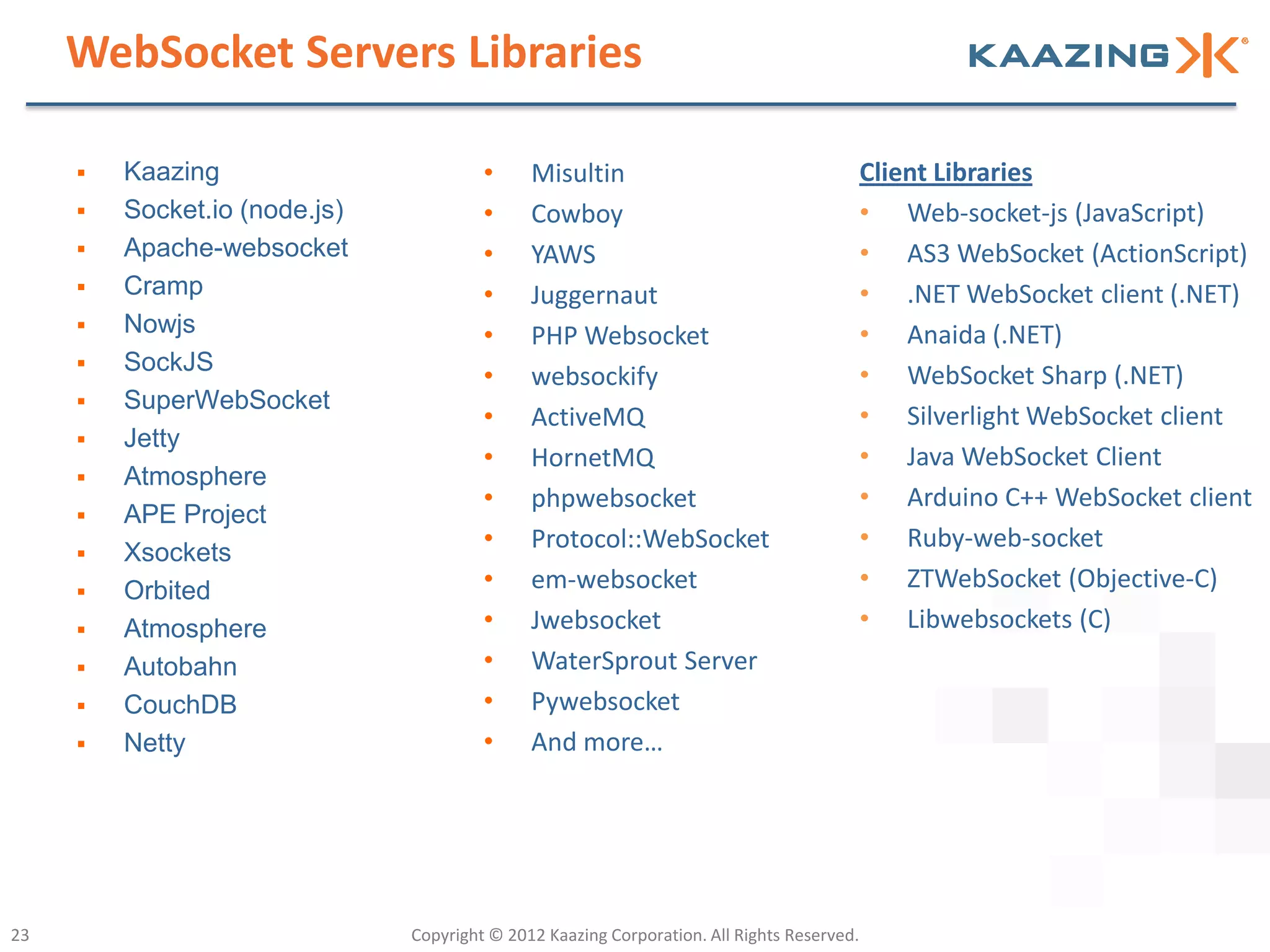 WebSocket Servers Libraries

        Kaazing                        •     Misultin                                      Client Libraries
        Socket.io (node.js)            •     Cowboy                                        • Web-socket-js (JavaScript)
        Apache-websocket               •     YAWS                                          • AS3 WebSocket (ActionScript)
        Cramp                          •     Juggernaut                                    • .NET WebSocket client (.NET)
        Nowjs                          •     PHP Websocket                                 • Anaida (.NET)
        SockJS
                                        •     websockify                                    • WebSocket Sharp (.NET)
        SuperWebSocket
                                        •     ActiveMQ                                      • Silverlight WebSocket client
        Jetty
                                        •     HornetMQ                                      • Java WebSocket Client
        Atmosphere
                                        •     phpwebsocket                                  • Arduino C++ WebSocket client
        APE Project
                                        •     Protocol::WebSocket                           • Ruby-web-socket
        Xsockets
        Orbited                        •     em-websocket                                  • ZTWebSocket (Objective-C)
        Atmosphere                     •     Jwebsocket                                    • Libwebsockets (C)
        Autobahn                       •     WaterSprout Server
        CouchDB                        •     Pywebsocket
        Netty                          •     And more…




23                             Copyright © 2012 Kaazing Corporation. All Rights Reserved.
 