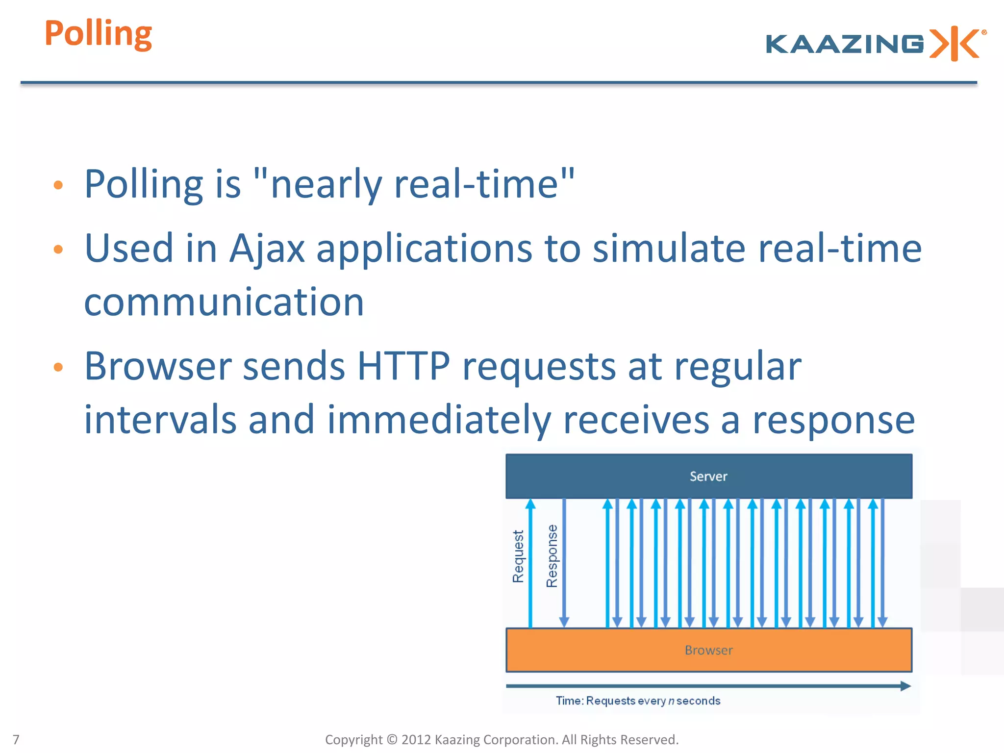 Polling


    •   Polling is "nearly real-time"
    •   Used in Ajax applications to simulate real-time
        communication
    •   Browser sends HTTP requests at regular
        intervals and immediately receives a response




7                    Copyright © 2012 Kaazing Corporation. All Rights Reserved.
 