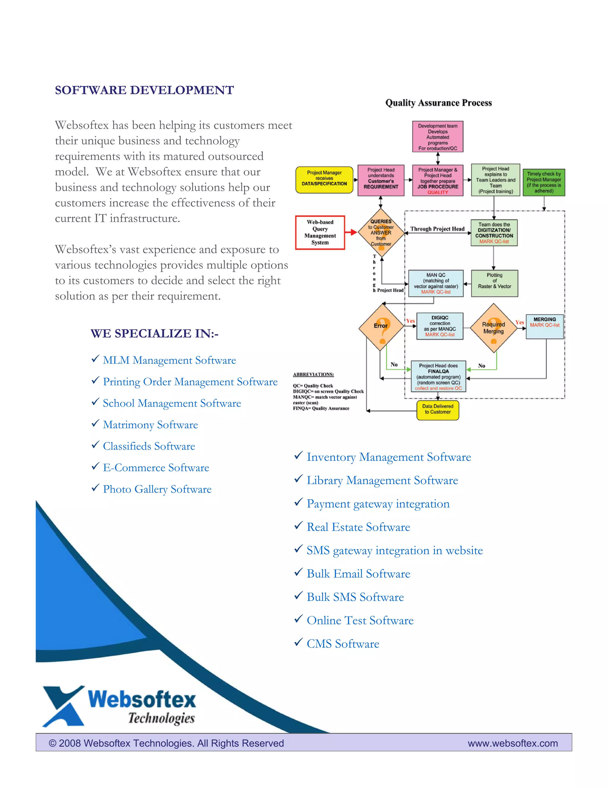 SOFTWARE DEVELOPMENT

 Websoftex has been helping its customers meet
 their unique business and technology
 requirements with its matured outsourced
 model. We at Websoftex ensure that our
 business and technology solutions help our
 customers increase the effectiveness of their
 current IT infrastructure.

 Websoftex’s vast experience and exposure to
 various technologies provides multiple options
 to its customers to decide and select the right
 solution as per their requirement.

        WE SPECIALIZE IN:-

           MLM Management Software
           Printing Order Management Software
           School Management Software
           Matrimony Software
           Classifieds Software
                                                     Inventory Management Software
           E-Commerce Software
                                                     Library Management Software
           Photo Gallery Software
                                                     Payment gateway integration
                                                     Real Estate Software
                                                     SMS gateway integration in website
                                                     Bulk Email Software
                                                     Bulk SMS Software
                                                     Online Test Software
                                                     CMS Software




© 2008 Websoftex Technologies. All Rights Reserved                                  www.websoftex.com
 
