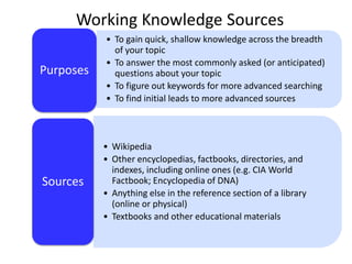 • To gain quick, shallow knowledge across the breadth
of your topic
• To answer the most commonly asked (or anticipated)
questions about your topic
• To figure out keywords for more advanced searching
• To find initial leads to more advanced sources
Purposes
• Wikipedia
• Other encyclopedias, factbooks, directories, and
indexes, including online ones (e.g. CIA World
Factbook; Encyclopedia of DNA)
• Anything else in the reference section of a library
(online or physical)
• Textbooks and other educational materials
Sources
Working Knowledge Sources
 