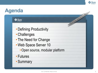 Agenda Defining Productivity Challenges The Need for Change Web Space Server 10 Open source, modular platform Futures Summary 