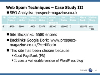 Web Spam Techniques – Case Study III SEO Analysis: prospect-magazine.co.uk PR: 5 Site Backlinks: 5580 entries Backlinks Google Dork: www.prospect-magazine.co.uk/?certified= This site has been chosen because: Good PageRank (PR) It uses a vulnerable version of WordPress blog PR Google Index Google Links Yahoo Index Yahoo Links Yahoo Link domains Live Index MSN Links Alexa Rank Online Since 6 14700 2960 19400 23874 119300 159000 3 165573 Apr 1997 