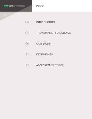 INDEX
02

03

INTRODUCTION

04

THE VIEWABILITY CHALLENGE

06

CASE STUDY

11

KEY FINDINGS

12

ABOUT WEBSPECTATOR

 