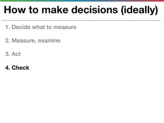 How to make decisions (ideally)
1. Decide what to measure

2. Measure, examine

3. Act

4. Check
 