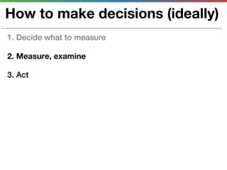 How to make decisions (ideally)
1. Decide what to measure

2. Measure, examine

3. Act
 