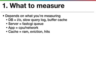 1. What to measure
• Depends on what you’re measuring
  • DB = i/o, slow query log, buffer cache
  • Server = fastcgi queue
  • App = cpu/network
  • Cache = ram, eviction, hits
 