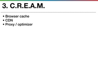 3. C.R.E.A.M.
• Browser cache
• CDN
• Proxy / optimizer
 