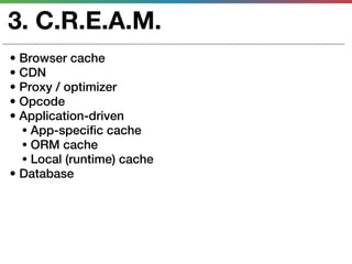 3. C.R.E.A.M.
• Browser cache
• CDN
• Proxy / optimizer
• Opcode
• Application-driven
  • App-specific cache
  • ORM cache
  • Local (runtime) cache
• Database
 