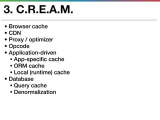 3. C.R.E.A.M.
• Browser cache
• CDN
• Proxy / optimizer
• Opcode
• Application-driven
  • App-specific cache
  • ORM cache
  • Local (runtime) cache
• Database
  • Query cache
  • Denormalization
 
