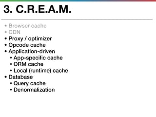3. C.R.E.A.M.
• Browser cache
• CDN
• Proxy / optimizer
• Opcode cache
• Application-driven
  • App-specific cache
  • ORM cache
  • Local (runtime) cache
• Database
  • Query cache
  • Denormalization
 