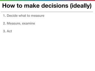 How to make decisions (ideally)
1. Decide what to measure

2. Measure, examine

3. Act
 