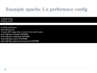 Example apache 2.x performace config # enable expirations ExpiresActive On # expire GIF images after a month in the client's cache ExpiresByType image/gif A2592000 ExpiresByType image/jpeg A2592000 ExpiresByType text/css A2592000 ExpiresByType application/x-javascript A2592000 # disable ETags FileETag  None 