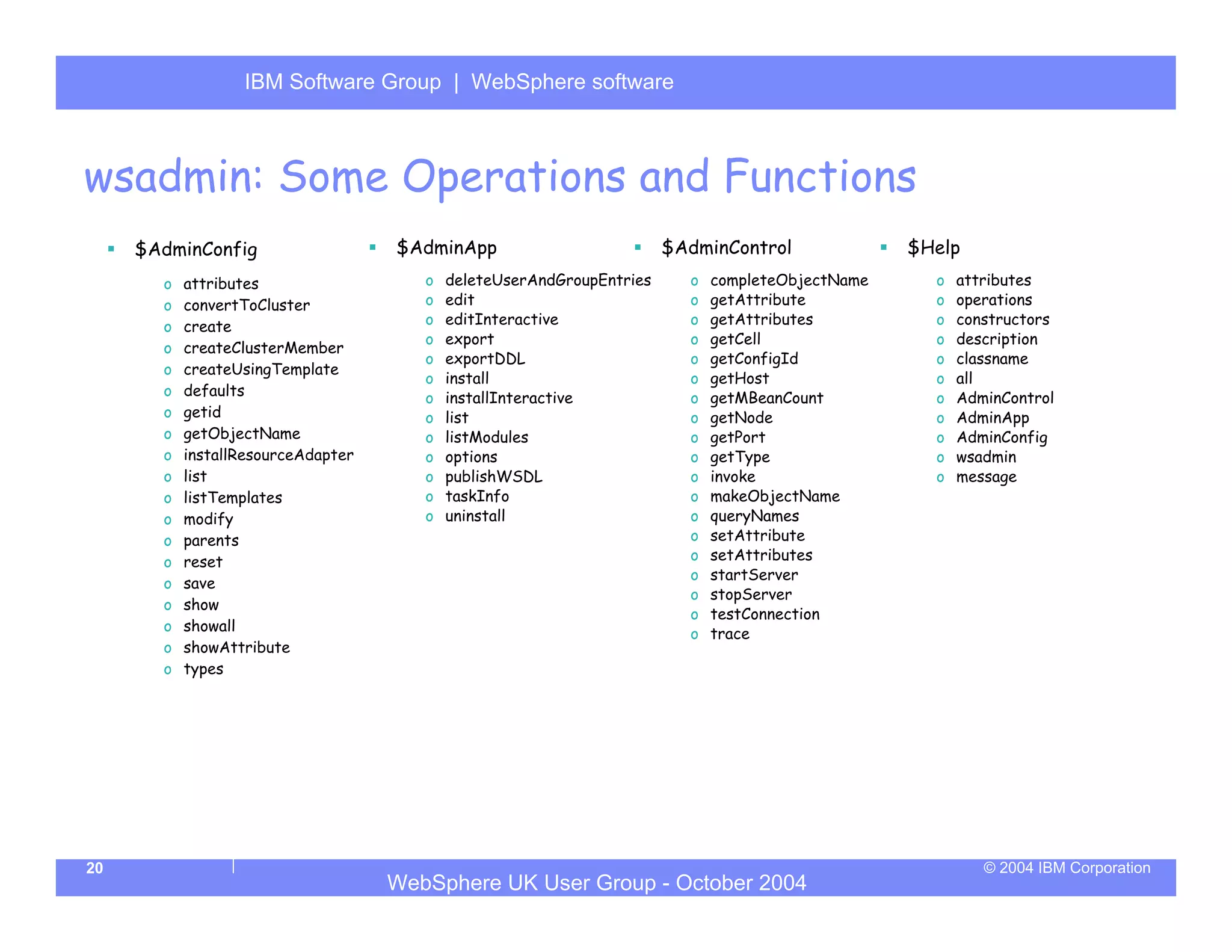 IBM Software Group | Server
                  WebSphere ApplicationWebSphere software



wsadmin: Some Operations and Functions
     $AdminConfig                   $AdminApp                          $AdminControl              $Help
       o   attributes                  o   deleteUserAndGroupEntries     o   completeObjectName     o   attributes
       o   convertToCluster            o   edit                          o   getAttribute           o   operations
       o   create                      o   editInteractive               o   getAttributes          o   constructors
                                       o   export                        o   getCell                o   description
       o   createClusterMember
                                       o   exportDDL                     o   getConfigId            o   classname
       o   createUsingTemplate
                                       o   install                       o   getHost                o   all
       o   defaults                    o   installInteractive            o   getMBeanCount          o   AdminControl
       o   getid                       o   list                          o   getNode                o   AdminApp
       o   getObjectName               o   listModules                   o   getPort                o   AdminConfig
       o   installResourceAdapter      o   options                       o   getType                o   wsadmin
       o   list                        o   publishWSDL                   o   invoke                 o   message
       o   listTemplates               o   taskInfo                      o   makeObjectName
       o   modify                      o   uninstall                     o   queryNames
       o   parents                                                       o   setAttribute
       o   reset                                                         o   setAttributes
                                                                         o   startServer
       o   save
                                                                         o   stopServer
       o   show
                                                                         o   testConnection
       o   showall                                                       o   trace
       o   showAttribute
       o   types




20                                                                                                         © 2004 IBM Corporation
                                    WebSphere UK User Group - October 2004
 