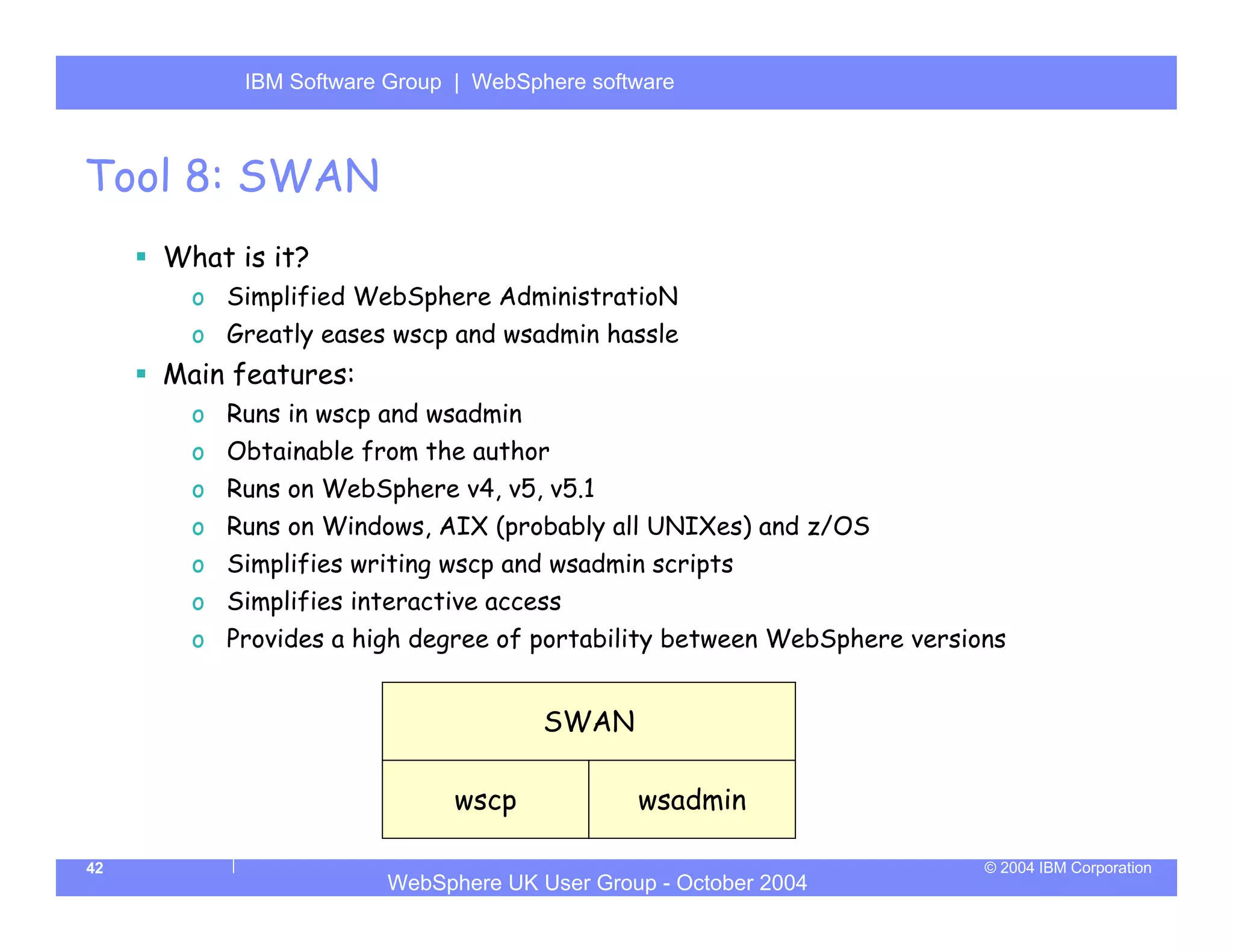 IBM Software Group | Server
           WebSphere ApplicationWebSphere software



Tool 8: SWAN
     What is it?
       o Simplified WebSphere AdministratioN
       o Greatly eases wscp and wsadmin hassle
     Main features:
       o Runs in wscp and wsadmin
       o Obtainable from the author
       o Runs on WebSphere v4, v5, v5.1
       o Runs on Windows, AIX (probably all UNIXes) and z/OS
       o Simplifies writing wscp and wsadmin scripts
       o Simplifies interactive access
       o Provides a high degree of portability between WebSphere versions


                                      SWAN

                              wscp            wsadmin

42                                                                     © 2004 IBM Corporation
                       WebSphere UK User Group - October 2004
 