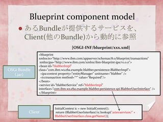 Blueprint component modelあるBundleが提供するサービスを、Client(他のBundle)から動的に参照[OSGI-INF/blueprint/xxx.xml]<blueprint xmlns:tx="http://www.ibm.com/appserver/schemas/8.0/blueprint/transactions"xmlns:jpa="http://www.ibm.com/xmlns/ibm-blueprint-jpa/v1.0.0"><bean id="blabberImpl" class="com.ibm.ws.eba.example.blabber.persistence.BlabberImpl"><jpa:context property="entityManager" unitname="blabber" />  <tx:transaction method="*" value="Required"/></bean><service id="blabberService" ref="blabberImpl" interface="com.ibm.ws.eba.example.blabber.persistence.spi.BlabberUserInterface" /></blueprint>OSGi Bundle(.jar)InitialContextic = new InitialContext(); return (BlabberUserInterface) ic.lookup("aries:services/" + BlabberUserInterface.class.getName());Client