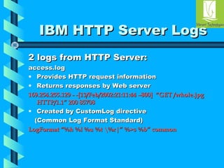 IIBBMM HHTTTTPP SSeerrvveerr LLooggss 
22 llooggss ffrroomm HHTTTTPP SSeerrvveerr:: 
aacccceessss..lloogg 
• PPrroovviiddeess HHTTTTPP rreeqquueesstt iinnffoorrmmaattiioonn 
• RReettuurrnnss rreessppoonnsseess bbyy WWeebb sseerrvveerr 
116699..225544..225555..112299 -- --[[1133//FFeebb//22000022::2211::1111::4444 ––880000]] ““GGEETT //wwhhoollee..jjppgg 
HHTTTTPP//11..11”” 220000 8855770088 
• CCrreeaatteedd bbyy CCuussttoommLLoogg ddiirreeccttiivvee 
((CCoommmmoonn LLoogg FFoorrmmaatt SSttaannddaarrdd)) 
LLooggFFoorrmmaatt ““%%hh %%ll %%uu %%tt %%rr||”” %%>>ss %%bb”” ccoommmmoonn 
 