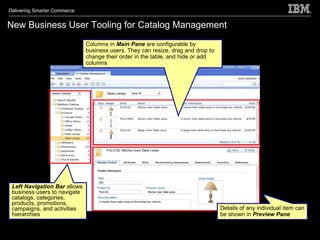 Delivering Smarter Commerce


New Business User Tooling for Catalog Management
                              Columns in Main Pane are configurable by
                              business users. They can resize, drag and drop to
                              change their order in the table, and hide or add
                              columns




 Left Navigation Bar allows
 business users to navigate
 catalogs, categories,
 products, promotions,
 campaigns, and activities                                                        Details of any individual item can
 hierarchies                                                                      be shown in Preview Pane
 