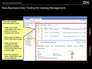 Delivering Smarter Commerce


New Business User Tooling for Catalog Management



There are multiple
selectable table views:

 • Page can be split




                                                   Main Pane
   horizontally with main
   panel on top and
   preview pane below

 • Main pane can take up
   whole right side of page

 • Table can be split
   vertically so it only
   shows key identifier




                                                   Preview Pane
   column and editor form
   is on far right

 • If list has start/end
   dates, Gantt chart view
   can be selected
 