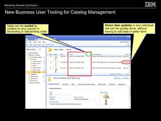 Delivering Smarter Commerce


New Business User Tooling for Catalog Management

  Table can be sorted by                   Direct data updates in any individual
  content on any column in                 cell can be quickly done, without
  ascending or descending order            having to edit data in editor form
 