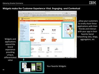 Delivering Smarter Commerce


Widgets make the Customer Experience Viral, Engaging, and Contextual




                                                                 …allow your customers
                                                                  to virally share these
                                                                 applications with their
                                                                   friends and interact
                                                                  with your app in their
                                                                      favorite Social
                                                                 networking sites, blogs,
 Widgets and                                                         aggregators, etc
  applications
                       Madisons Apps
   extend the          Wish List
                       Gift Registry
      brand            My Favorites
                       Daily Deal
  experience           Trendy Tips
                       Your Widget
    providing          Your Widget
                       Deal Feed
     unique,           My Forum Widget


 differentiated
      value

                                         Your favorite Widgets
66
 