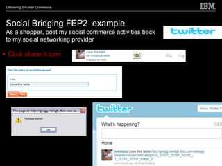 Delivering Smarter Commerce




 Social Bridging FEP2 example
 As a shopper, post my social commerce activities back
 to my social networking provider

 Click share it icon
 