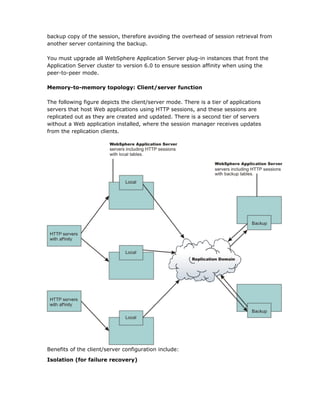 backup copy of the session, therefore avoiding the overhead of session retrieval from
another server containing the backup.

You must upgrade all WebSphere Application Server plug-in instances that front the
Application Server cluster to version 6.0 to ensure session affinity when using the
peer-to-peer mode.

Memory-to-memory topology: Client/server function

The following figure depicts the client/server mode. There is a tier of applications
servers that host Web applications using HTTP sessions, and these sessions are
replicated out as they are created and updated. There is a second tier of servers
without a Web application installed, where the session manager receives updates
from the replication clients.




Benefits of the client/server configuration include:
Isolation (for failure recovery)
 
