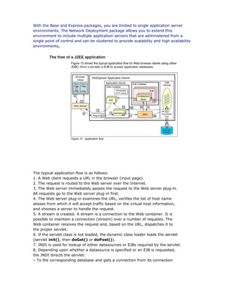 With the Base and Express packages, you are limited to single application server
environments. The Network Deployment package allows you to extend this
environment to include multiple application servers that are administered from a
single point of control and can be clustered to provide scalability and high availability
environments.




The typical application flow is as follows:
1. A Web client requests a URL in the browser (input page).
2. The request is routed to the Web server over the Internet.
3. The Web server immediately passes the request to the Web server plug-in.
All requests go to the Web server plug-in first.
4. The Web server plug-in examines the URL, verifies the list of host name
aliases from which it will accept traffic based on the virtual host information,
and chooses a server to handle the request.
5. A stream is created. A stream is a connection to the Web container. It is
possible to maintain a connection (stream) over a number of requests. The
Web container receives the request and, based on the URL, dispatches it to
the proper servlet.
6. If the servlet class is not loaded, the dynamic class loader loads the servlet
(servlet init(), then doGet() or doPost()).
7. JNDI is used for lookup of either datasources or EJBs required by the servlet.
8. Depending upon whether a datasource is specified or an EJB is requested,
the JNDI directs the servlet:
– To the corresponding database and gets a connection from its connection
 