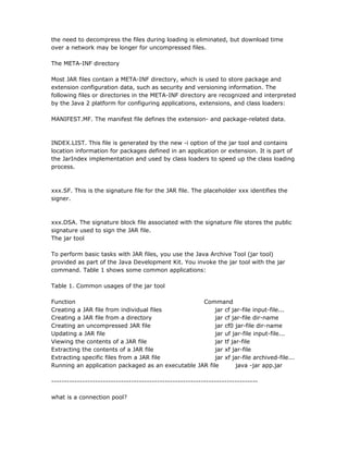 the need to decompress the files during loading is eliminated, but download time
over a network may be longer for uncompressed files.

The META-INF directory

Most JAR files contain a META-INF directory, which is used to store package and
extension configuration data, such as security and versioning information. The
following files or directories in the META-INF directory are recognized and interpreted
by the Java 2 platform for configuring applications, extensions, and class loaders:

MANIFEST.MF. The manifest file defines the extension- and package-related data.



INDEX.LIST. This file is generated by the new -i option of the jar tool and contains
location information for packages defined in an application or extension. It is part of
the JarIndex implementation and used by class loaders to speed up the class loading
process.



xxx.SF. This is the signature file for the JAR file. The placeholder xxx identifies the
signer.



xxx.DSA. The signature block file associated with the signature file stores the public
signature used to sign the JAR file.
The jar tool

To perform basic tasks with JAR files, you use the Java Archive Tool (jar tool)
provided as part of the Java Development Kit. You invoke the jar tool with the jar
command. Table 1 shows some common applications:

Table 1. Common usages of the jar tool

Function                                           Command
Creating a JAR file from individual files               jar cf jar-file input-file...
Creating a JAR file from a directory                    jar cf jar-file dir-name
Creating an uncompressed JAR file                       jar cf0 jar-file dir-name
Updating a JAR file                                     jar uf jar-file input-file...
Viewing the contents of a JAR file                      jar tf jar-file
Extracting the contents of a JAR file                   jar xf jar-file
Extracting specific files from a JAR file               jar xf jar-file archived-file...
Running an application packaged as an executable JAR file        java -jar app.jar

--------------------------------------------------------------------------------

what is a connection pool?
 