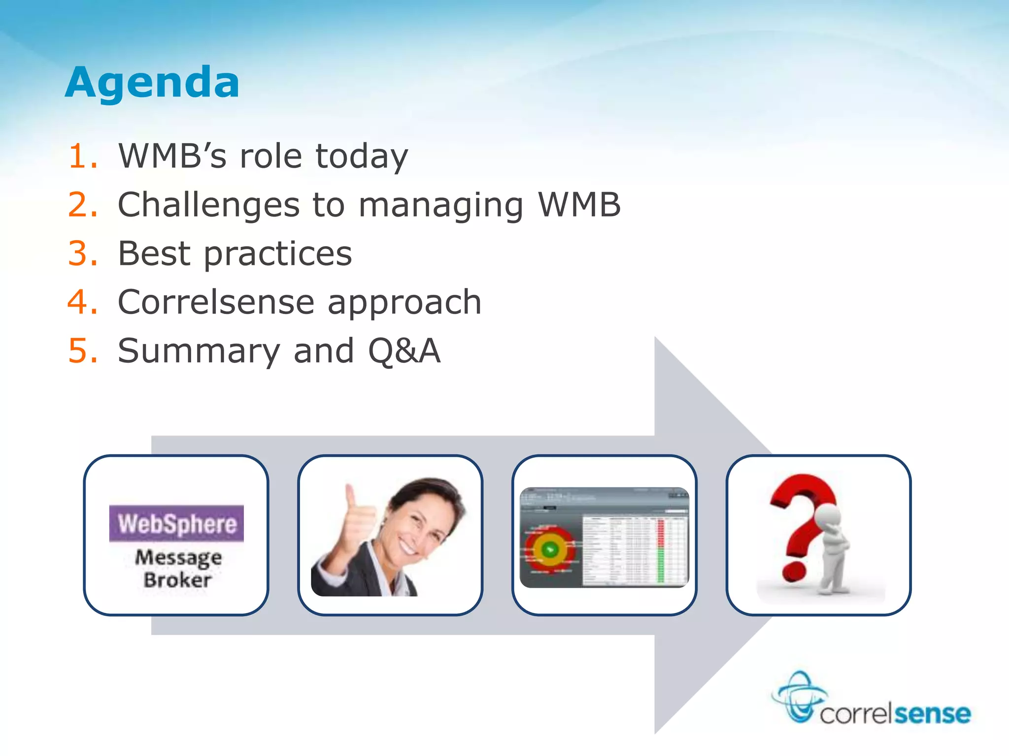 1. WMB’s role today
2. Challenges to managing WMB
3. Best practices
4. Correlsense approach
5. Summary and Q&A
Agenda
 
