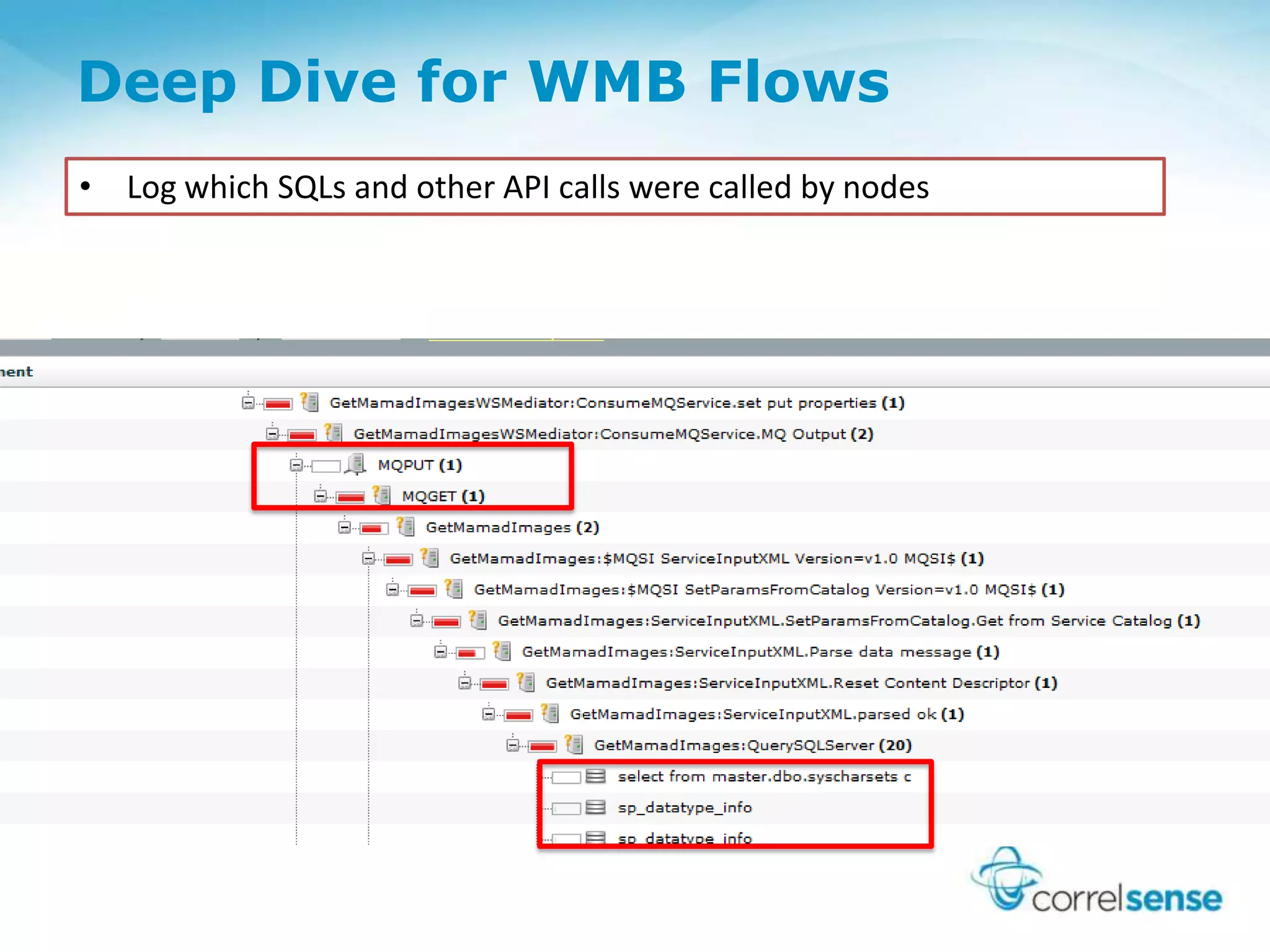 Deep Dive for WMB Flows
• Log which SQLs and other API calls were called by nodes
 
