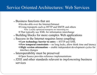  Business functions that are
Invoke-able over the Internet/Intranet
Using transports such as HTTP and SMTP, and others
– Note: Locally optimized transports are interesting too
That typically use XML for information interchange
 Building blocks for more complex Web applications
 Success in the Internet requires loose coupling:
Low technology barrier to entry -- HTTP and XML
Few temporal constraints -- no long locks, allow think time and latency
High version attenuation -- enable independent development cycles for
interface changes
 Interoperability must be preserved
Open Source provides reference implementations
 J2EE and other standards relavent to implementing business
services
Service Oriented Architectures: Web Services
 