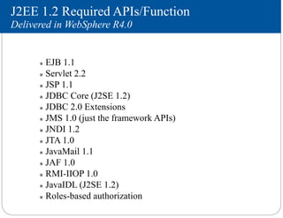 J2EE 1.2 Required APIs/Function
Delivered in WebSphere R4.0
 EJB 1.1
 Servlet 2.2
 JSP 1.1
 JDBC Core (J2SE 1.2)
 JDBC 2.0 Extensions
 JMS 1.0 (just the framework APIs)
 JNDI 1.2
 JTA 1.0
 JavaMail 1.1
 JAF 1.0
 RMI-IIOP 1.0
 JavaIDL (J2SE 1.2)
 Roles-based authorization
 