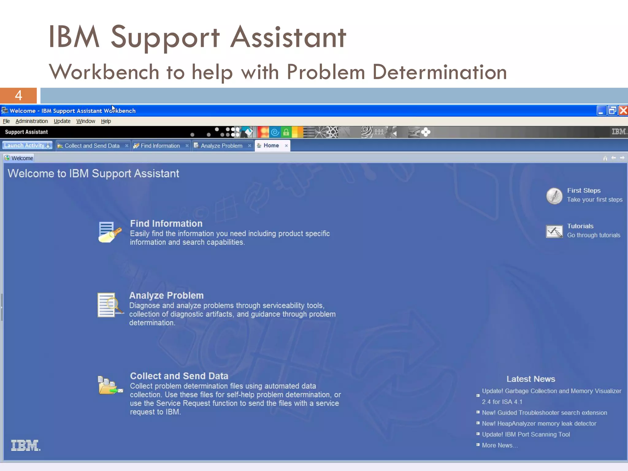IBM Support Assistant
    Workbench to help with Problem Determination
4
 
