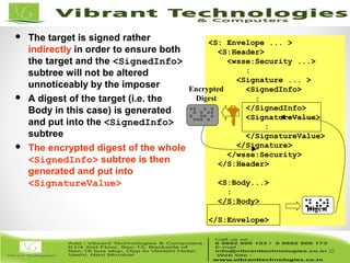 38/82
38
 The target is signed rather
indirectly in order to ensure both
the target and the <SignedInfo>
subtree will not be altered
unnoticeably by the imposer
 A digest of the target (i.e. the
Body in this case) is generated
and put into the <SignedInfo>
subtree
 The encrypted digest of the whole
<SignedInfo> subtree is then
generated and put into
<SignatureValue>
<S: Envelope ... >
<S:Header>
<wsse:Security ...>
:
<Signature ... >
<SignedInfo>
:
</SignedInfo>
<SignatureValue>
:
</SignatureValue>
</Signature>
</wsse:Security>
</S:Header>
<S:Body...>
:
</S:Body>
</S:Envelope>
Digest
Encrypted
Digest
 