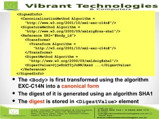 40/82
40
<SignedInfo>
<CanonicalizationMethod Algorithm =
“http://www.w3.org/2001/10/xml-exc-c14n#”/>
<SignatureMethod Algorithm =
“http://www.w3.org/2000/09/xmlsig#rsa-sha1”/>
<Reference URI=“#body_id”>
<Transforms>
<Transform Algorithm =
“http://w3.org/2001/10/xml-exc-c14n#”/>
</Transforms>
<DigestMethod Algorithm =
“http://www.w3.org/2000/09/xmldsig#sha1”/>
<DigestValue>Ojjw8nkT3jJoNN/Axsd ...</DigestValue>
</Reference>
</SignedInfo>
 The <Body> is first transformed using the algorithm
EXC-C14N into a canonical form
 The digest of it is generated using an algorithm SHA1
 The digest is stored in <DigestValue> element
 