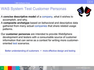 IBM Software Group
© 2010 IBM Corporation11
A concise descriptive model of a company, what it wishes to
accomplish, and why.
A composite archetype based on behavioral and descriptive data
gathered from many actual companies that share related usage
patterns.
Our customer personas are intended to provide WebSphere
development and testers with a consumable source of customer
information that can serve as a context for writing more customer-
oriented test scenarios.
Better understanding of customers = more effective design and testing
WAS System Test Customer Personas
 
