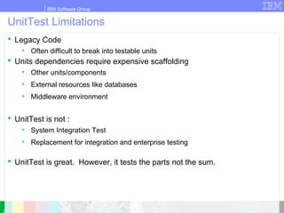 IBM Software Group
© 2010 IBM Corporation
UnitTest Limitations
 Legacy Code
• Often difficult to break into testable units
 Units dependencies require expensive scaffolding
• Other units/components
• External resources like databases
• Middleware environment
 UnitTest is not :
• System Integration Test
• Replacement for integration and enterprise testing
 UnitTest is great. However, it tests the parts not the sum.
 